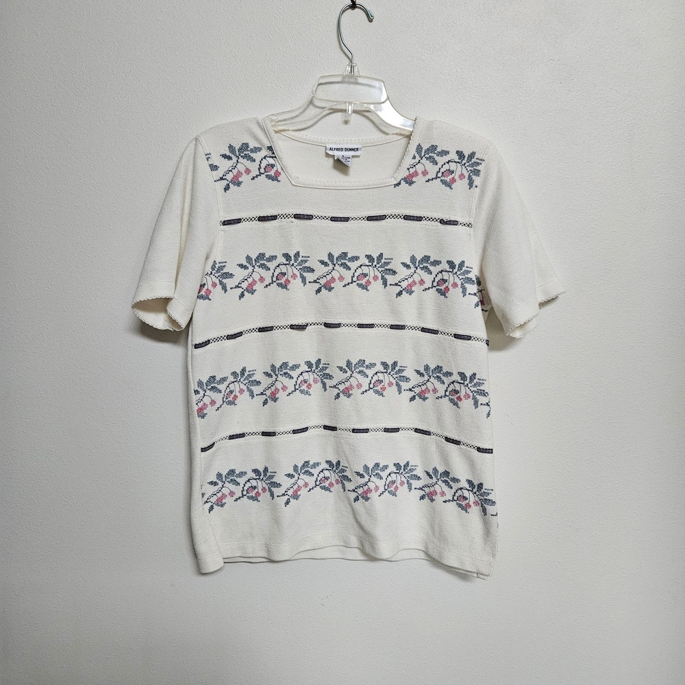 Alfred Dunner Womens S Cream Floral Cross Stitch Square Neck Vintage Knit Top